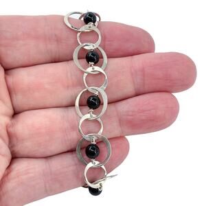 Vintage Sterling Silver 925 Black Onyx Interlocking Bracelet 7.75"
